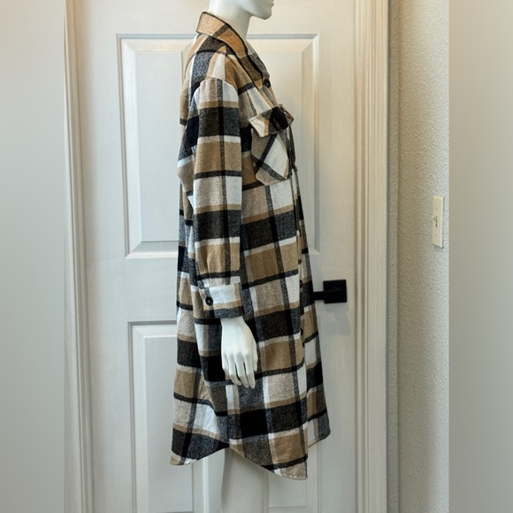 Warm Plaid Long Sleeve Flannel Dress Polyester Thick Material Brown Black Size L - Picture 3 of 16